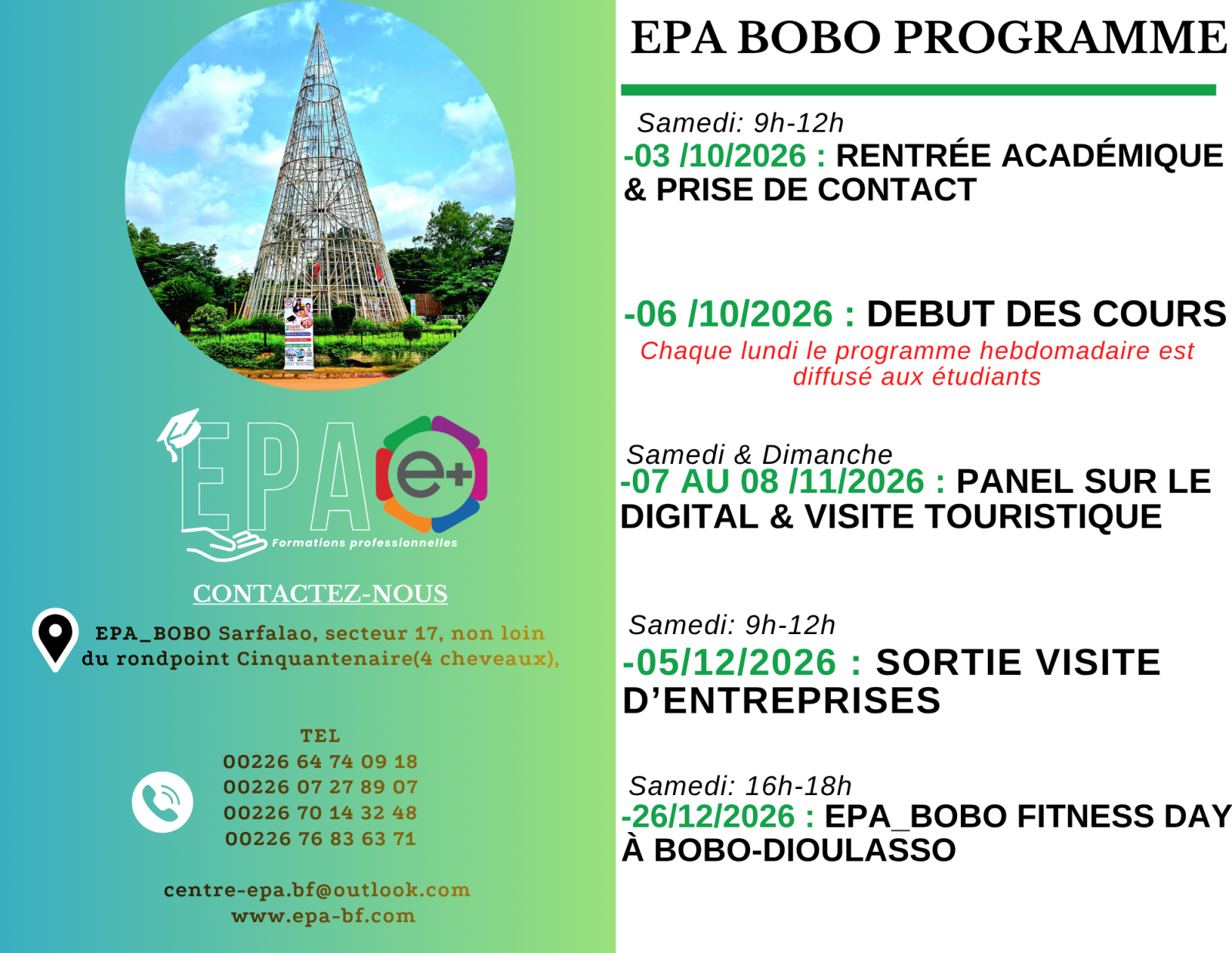 📢 EPA BOBO-DIOULASSO : DÉCOUVREZ LE PROGRAMME DES ACTIVITÉS D’OCTOBRE À DÉCEMBRE 2026 !