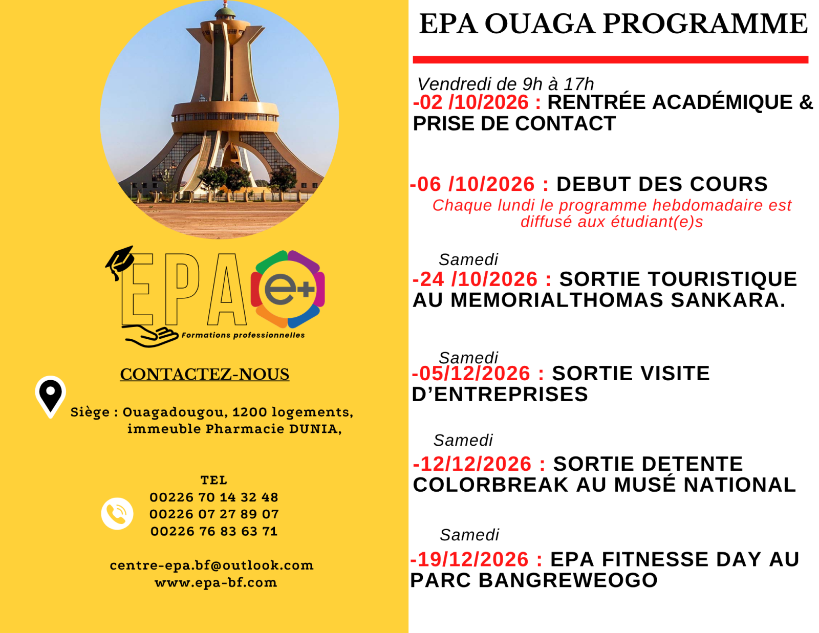 📢 EPA OUAGA : DÉCOUVREZ LE PROGRAMME DES ACTIVITÉS D’OCTOBRE À DÉCEMBRE 2026 !